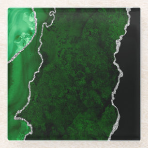 Glamour Forest Green Marmor Chic Silver Glitzer Glasuntersetzer