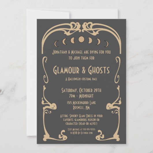Glamour & Ghosts Art Deco Gold & Black Halloween Einladung (Vorderseite)