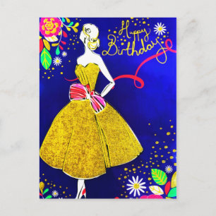 Glamour Girl Floral Gold Geburtstagsfeier Glitter Postkarte