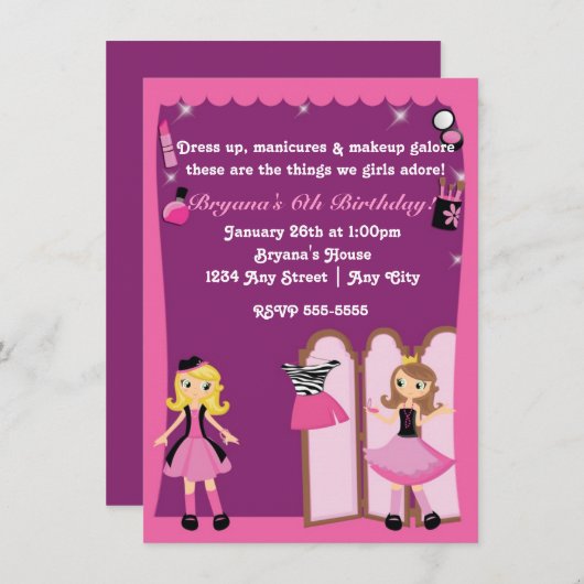 Glamour Girls verkleiden sich Makeover-Party Einla Einladung (Vorne/Hinten)