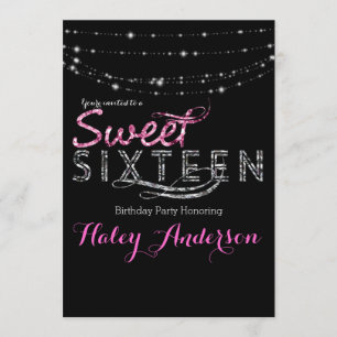 Glamour Glitter Lights SWEET 16 Party Rosa Schwarz Einladung