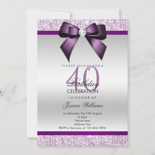 Glamour Glitzer & Bow Geburtstag Einladung (Vorderseite)