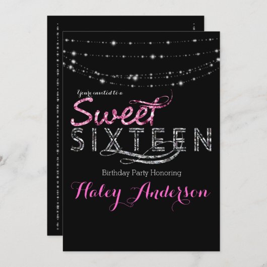Glamour Glitzer Lights SWEET 16 Party Pink Black Einladung (Vorne/Hinten)