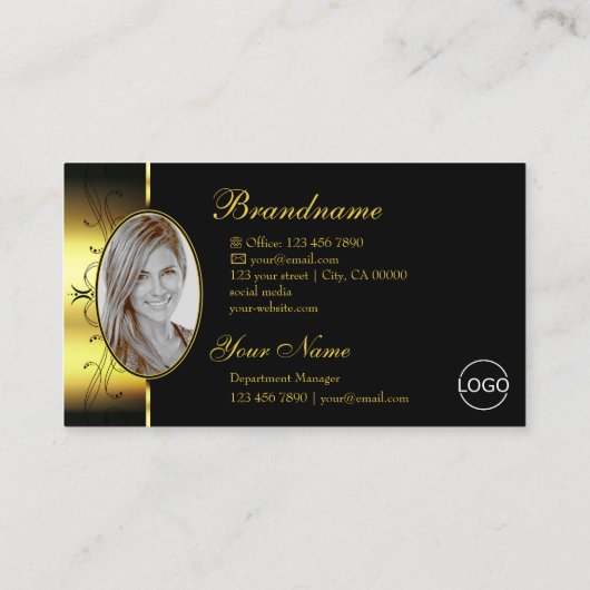 Glamour Gold Black Squiggled Jewels Logo & Foto Visitenkarte (Rückseite)