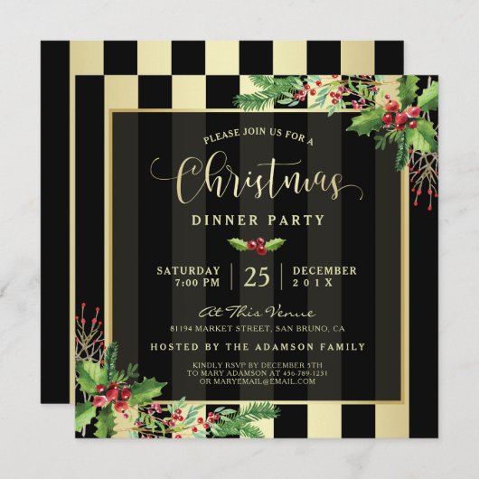 Glamour Gold & Black Stripe Einladung (Vorne/Hinten)