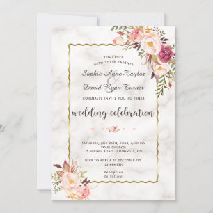 Glamour Gold Blush Pink Blumenmarmor Hochzeit Einladung