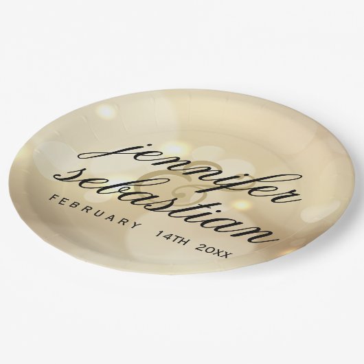 Glamour Gold Bokeh Light Monogramm Hochzeit Pappteller (Schrägansicht)