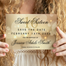 Glamour Gold Bokeh Light Sweet 16 Save the Date Postkarte