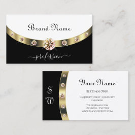 Glamour Gold Border Black and White Monogram Visitenkarte
