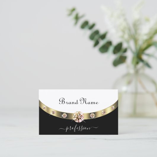 Glamour Gold Border Black and White Monogram Visitenkarte (Stehend Vorderseite)