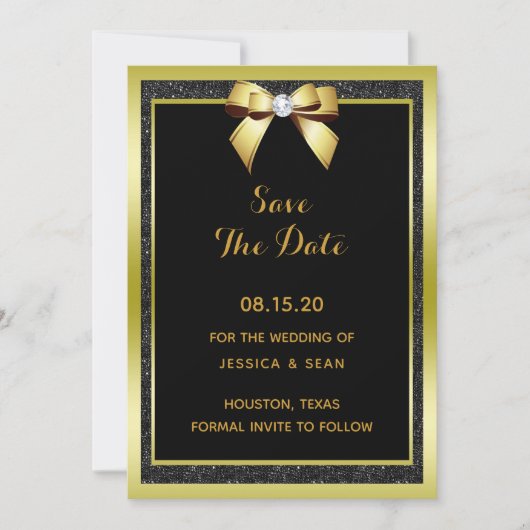 Glamour Gold Bow & Black Glitzer Hochzeit Save The Date (Vorderseite)