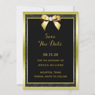 Glamour Gold Bow & Black Glitzer Save The Date