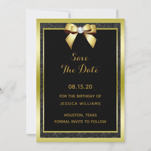 Glamour Gold Bow & Black Glitzer Save The Date (Vorderseite)