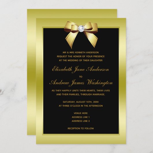 Glamour Gold Bow & Black Wedding Einladung (Vorne/Hinten)