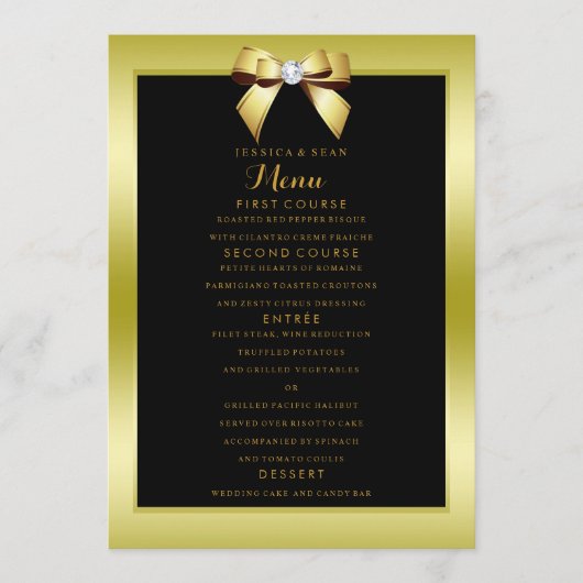 Glamour Gold Bow & Black Wedding Menükarte (Vorderseite)