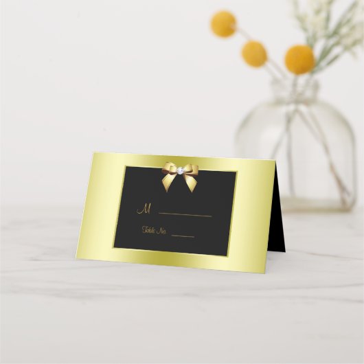 Glamour Gold Bow & Black Wedding Platzkarte (Vorderseite)