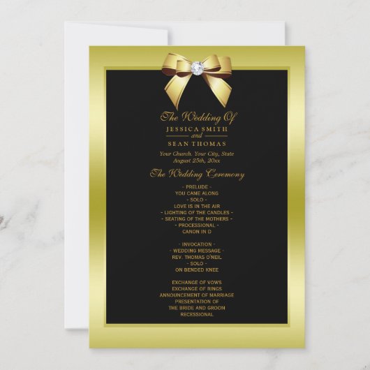 Glamour Gold Bow & Black Wedding Programm (Vorderseite)