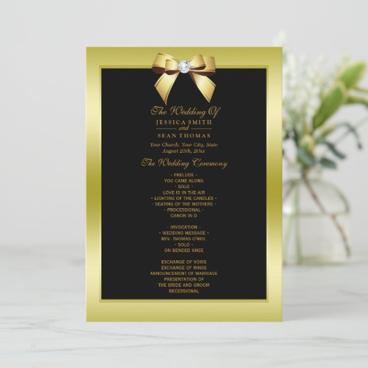 Glamour Gold Bow & Black Wedding Programm (Stehend Vorderseite)