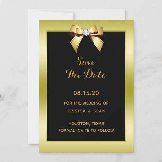 Glamour Gold Bow & Black Wedding Save The Date (Vorderseite)
