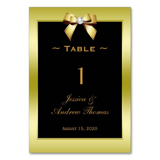 Glamour Gold Bow & Black Wedding Tischnummer (Vorderseite)