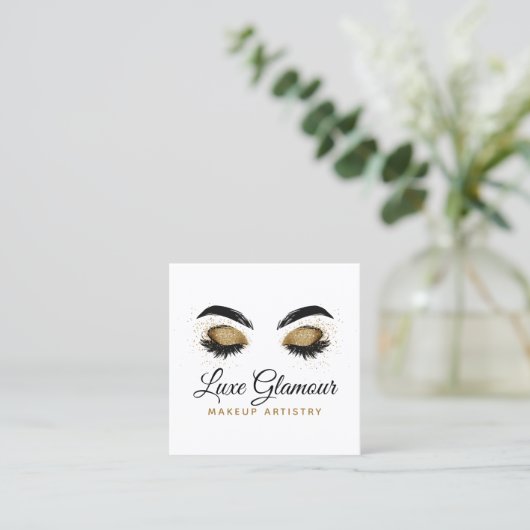 Glamour Gold Eye Lashes Makeup Artist Beauty Bar Quadratische Visitenkarte (Stehend Vorderseite)