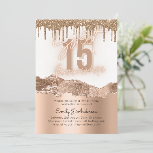 Glamour Gold Foil Glitzer Quinceanera 15. Einladung (Stehend Vorderseite)