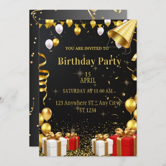 Glamour Gold Geburtstagsparty Einladung (Vorne/Hinten)