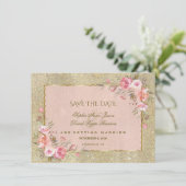 Glamour Gold Glitzer Blush Floral Save the Date (Stehend Vorderseite)