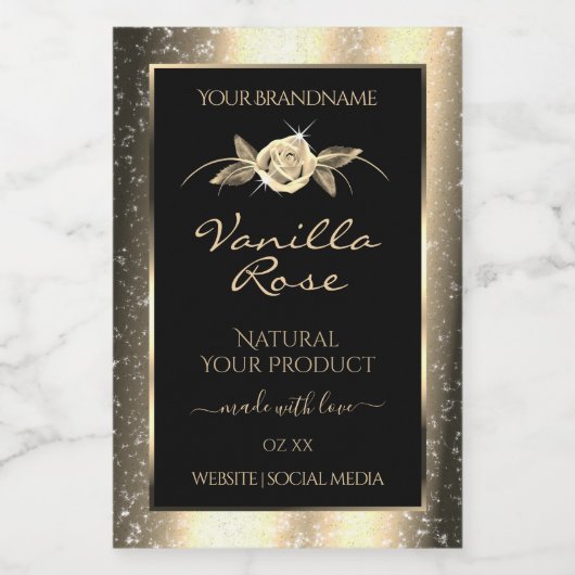 Glamour Gold Glitzer Floral Black Product Labels Lebensmitteletikett (Einzelnes Label)