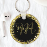 Glamour Gold Glitzer Monogram Name Black Schlüsselanhänger<br><div class="desc">Dieser luxuriöse vergoldete Glitzer aus vergoldetem Gold wird mit Ihrem individuelle Name und Monogramm ganz einfach zu einem gerahmten Schlüsselanhänger.</div>