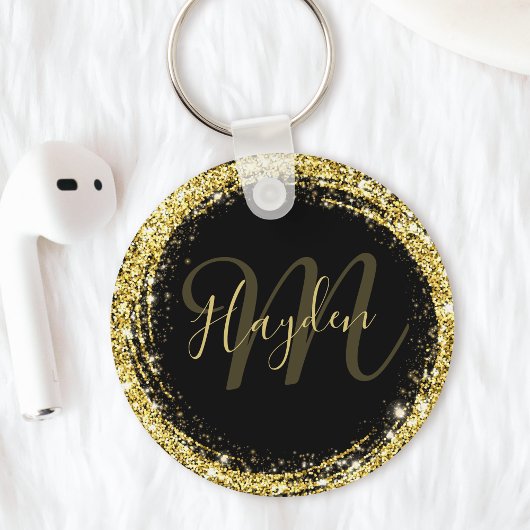 Glamour Gold Glitzer Monogram Name Black Schlüsselanhänger