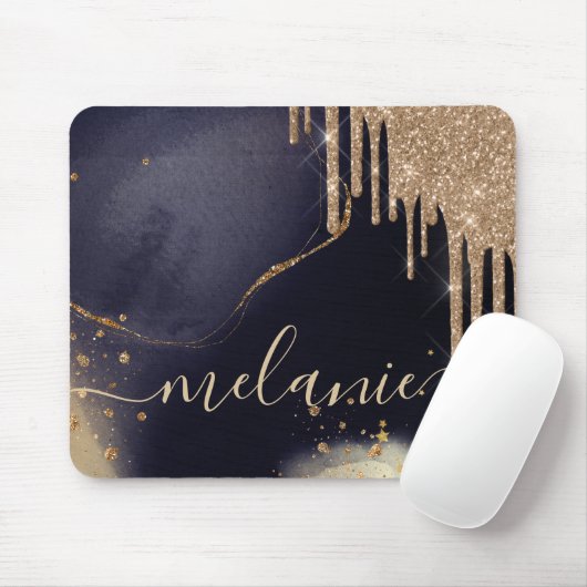 Glamour Gold Glitzer Tropfen Dark Ink Script Name Mousepad (Mit Mouse)