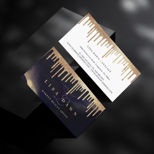 Glamour Gold Glitzer Tropfen Dunkle Tinte Monogram Visitenkarte