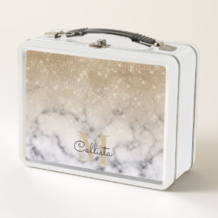 Glamour Gold Glitzer White Marble Ombre Monogram Metall Brotdose