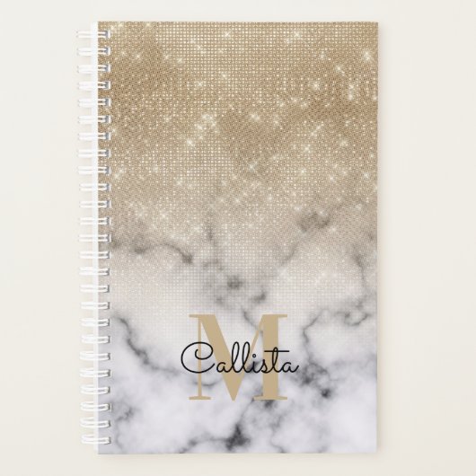 Glamour Gold Glitzer White Marble Ombre Monogram Planer (Vorderseite)