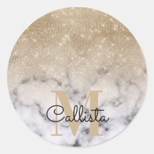 Glamour Gold Glitzer White Marble Ombre Monogram Runder Aufkleber