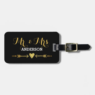 Glamour Gold Heart Arrow Black Wedding Mr & Mrs. Gepäckanhänger