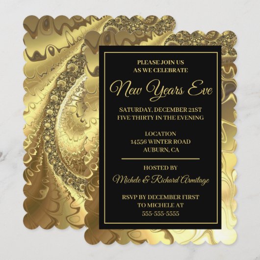 Glamour Gold New Years Einladung (Vorne/Hinten)