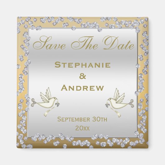 Glamour Gold & Silver Diamonds & Doves Wedding Magnet (Vorne)