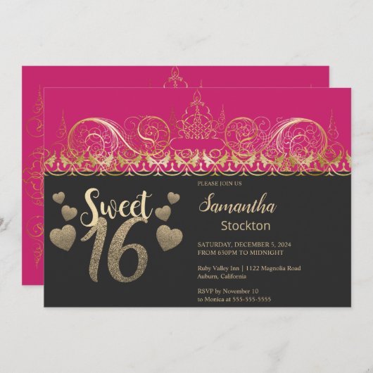 Glamour Gold Sweet 16 Einladung (Vorne/Hinten)