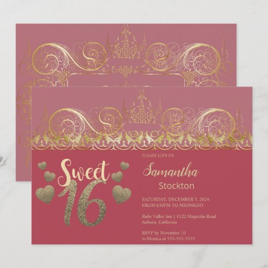 Glamour Gold Sweet 16 Einladung (Vorne/Hinten)