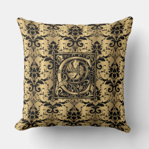 Glamour Gold und Black Damask Print Monogram C Kissen