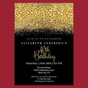 Glamour Gold Verziert Glitter 40. Geburtstag Einladung