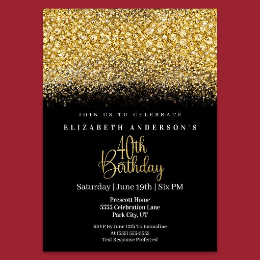 Glamour Gold Verziert Glitter 40. Geburtstag Einladung