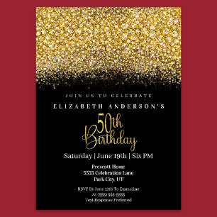 Glamour Gold Verziert Glitter 50. Geburtstag Einladung