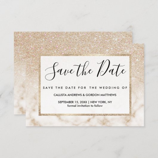 Glamour Gold White Glitzer Marmor Gradient Ombre Save The Date (Vorne/Hinten)