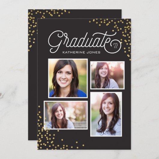 Glamour Grad 4-Foto Collage Abschluss Einladung (Vorne/Hinten)