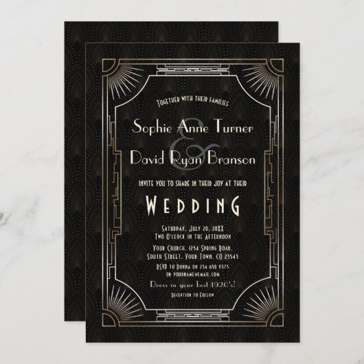 Glamour Great Gatsby Gold Art Deco Hochzeit Einladung (Vorne/Hinten)