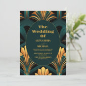 Glamour Green und Gold Art Deco Hochzeit Einladung (Stehend Vorderseite)