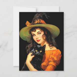 Glamour Hexe   Vintage Halloween-Button-up-Kunst Postkarte